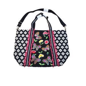 American & Beyond Beaded Butterfly Tote Bag Black White Embellished Carryall